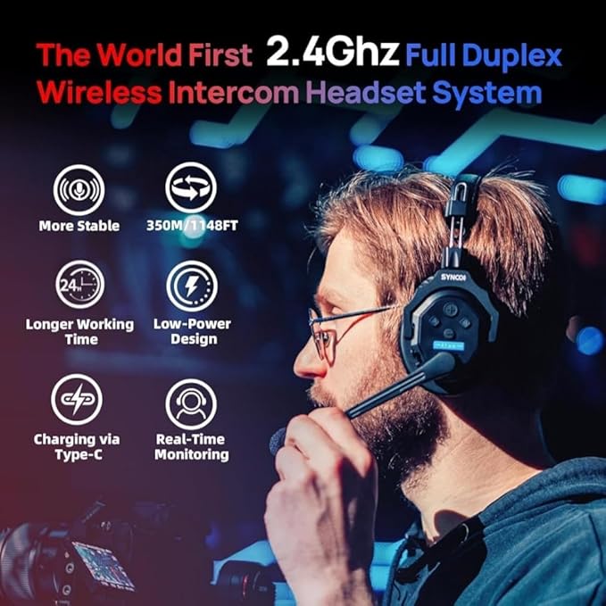 SYNCO XTALK X5 Wireless Headset Intercom System 2.4GHz Full Duplex 400 Meter Noise Cancellation Communication System for 5 Persons Live Streaming Movie Shoot Team Communication