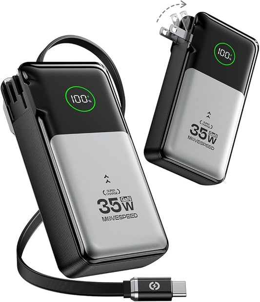 MOVE SPEED 3 in 1 Portable Charger with Built-in Retractable 27.6in Cable and Foldable Wall Plug, 35w 10,000mAh GaN Fast Charging Power Bank, Travel Essential Battery Pack for iPhone 17/16/15,Galaxy