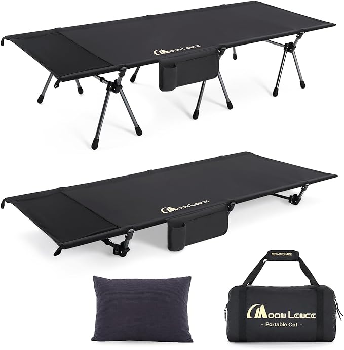 MOON LENCE Height Adjustable Camping Cot - Supports 330 lbs, Portable Folding Bed with Leg Extenders & Camping Pillow for Camping, Hiking, Sleeping, 1 Pack, Black
