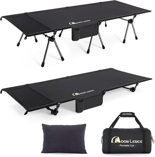 MOON LENCE Height Adjustable Camping Cot - Supports 330 lbs, Portable Folding Bed with Leg Extenders & Camping Pillow for Camping, Hiking, Sleeping, 1 Pack, Black