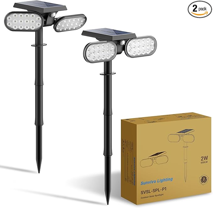 Sunvivo Motion Solar Lights Outdoor,Ground Spotlight or Wall Security Light,Motion Sensor Stay On Mode,Dusk to Dawn Floodlight,Cordless,360° Landscape Spotlight for Sidewalk Garage Driveway,2-Pack