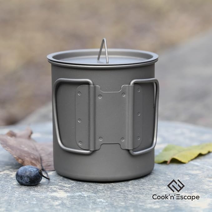 COOK'N'ESCAPE 450ml Camping Mug, Small Titanium Cup with Lightweight Backpacking Coffee Mug Foldable Handle for Outdoor Hiking Picnic Open Fire Cooking