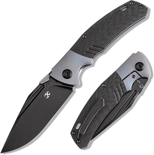 KANSEPT Hinterland Pocket Folding Knives for Men EDC Camping Folding Knife 3.58'' Blackwash CPM S35VN Blade Pocket Folding Knife with Blue Anodized Titanium Twill Carbon Fiber Inlay Handle K1057A1