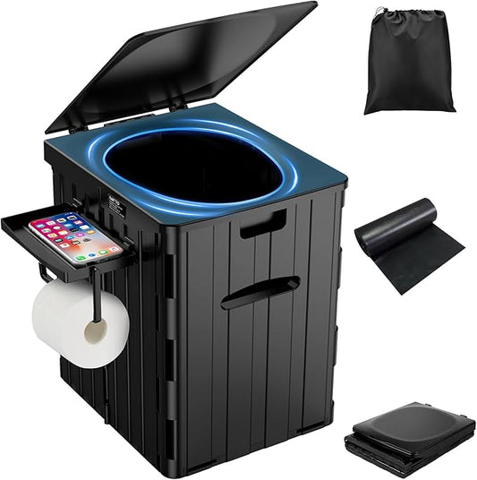 XL Portable Toilet for Adults, 15.4" H Foldable Camping Toilet with Detachable Phone Shelf and Toilet Paper Holder, Waterproof Porta Potty with Lid for Hiking, Long Road Trips, Car