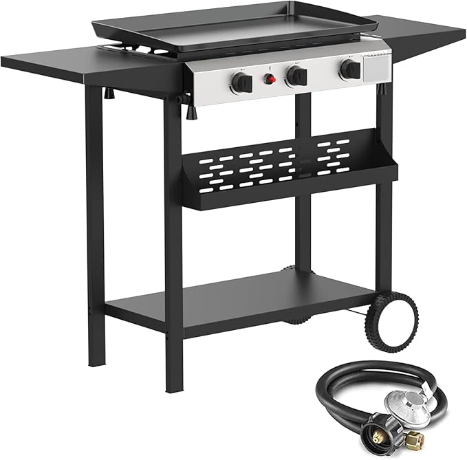 3 Burner BBQ Gas Griddle, 25.6 Inch Stainless Steel Portable Detachable Propane Griddle, 30,000 BTU Flat Top Barbecue Grill with Side Shelves for Camping
