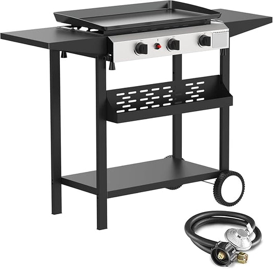 3 Burner BBQ Gas Griddle, 25.6 Inch Stainless Steel Portable Detachable Propane Griddle, 30,000 BTU Flat Top Barbecue Grill with Side Shelves for Camping