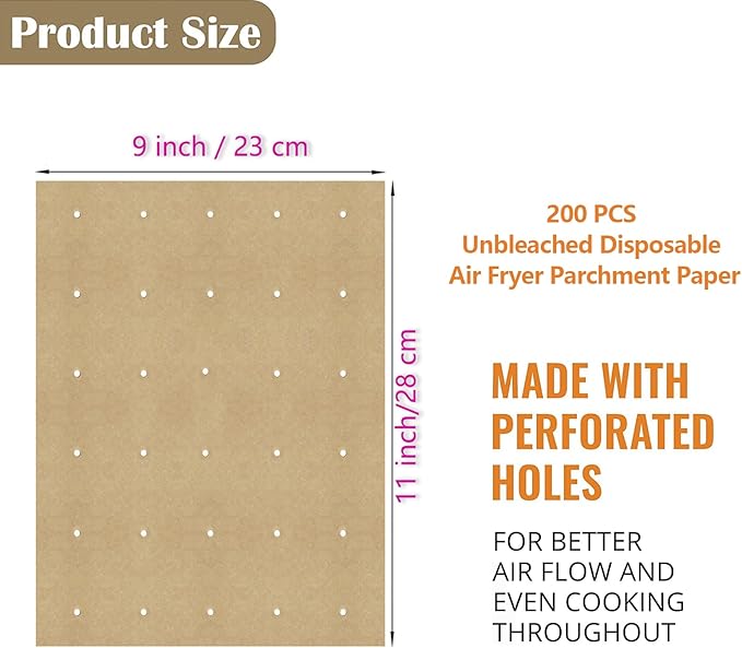WMKGG 200 PCS Unbleached Air Fryer Parchment Paper, 11 x 9 inch Perforated Rectangular Air Fryer Toaster Oven Disposable Liners for Cuisinart, Ninja Foodi, Breville, Gowise, Black Decker