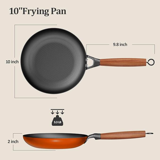 YUTANN 10 Inch Nonstick Cast Iron Pan - Pre-Seasoned Skillet with Oil-Saving Diamond Textured, Removable Acacia Wood Handle, Compatible with All Stovetops & Oven