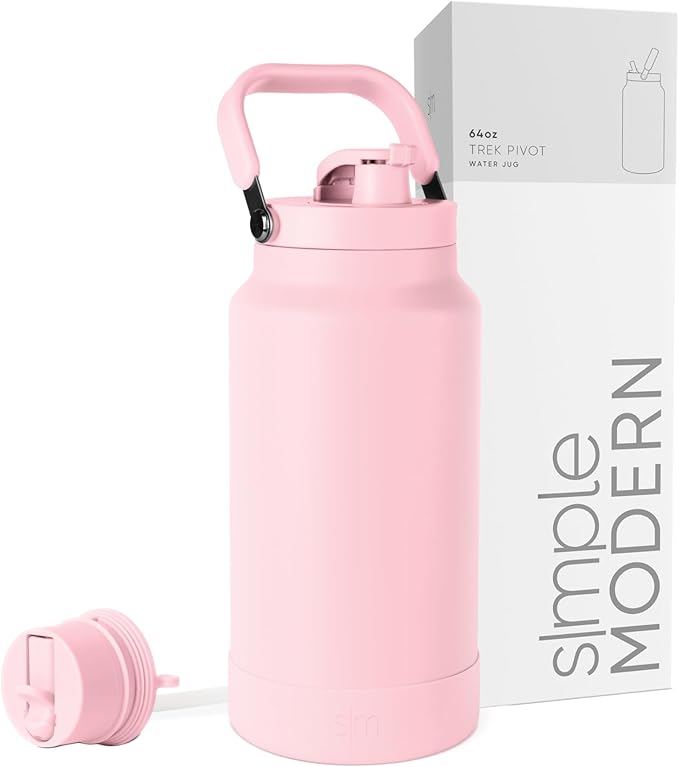 Simple Modern Trek Pivot | Half Gallon Water Bottle Jug with Handle & Boot | Interchangeable Straw & Chug Lids | Large Insulated Stainless Steel | Sports Camping Outdoors | 64oz, Blush