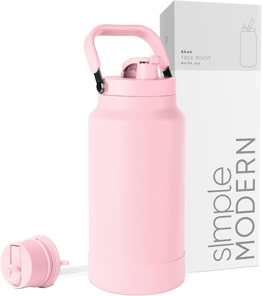 Simple Modern Trek Pivot | Half Gallon Water Bottle Jug with Handle & Boot | Interchangeable Straw & Chug Lids | Large Insulated Stainless Steel | Sports Camping Outdoors | 64oz, Blush