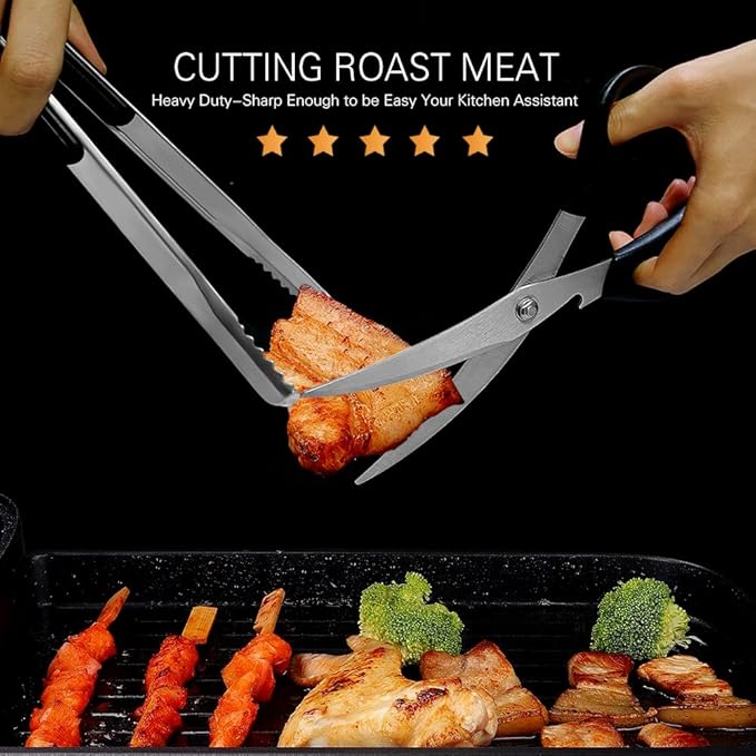 Kitchen Shears, Korean Barbecue Scissors and Tongs Set, Kitchen Scissors and Tongs for Cutting Meat, Chicken & Vegetables, Stainless Steel Multipurpose Non-slip Serrated Sharp BBQ Scissors BBQ Tongs