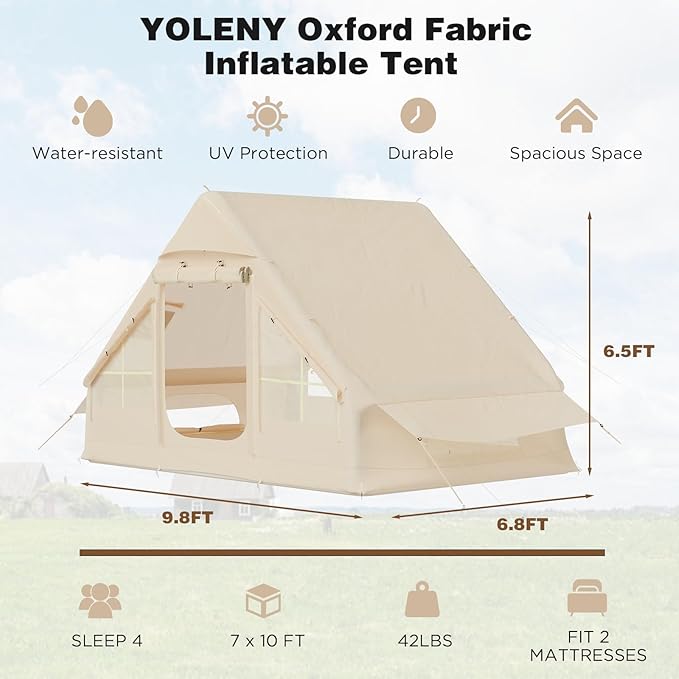 YOLENY Inflatable Camping Tent for 4-6 Person, Easy Setup Portable Water-Resistant Cabin Tent with Mesh Windows & Pumps