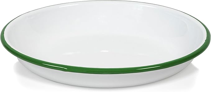 Red Co. Set of 4 Enamelware Metal 10” Round Camping Plates, Solid White/Dark Green Rim
