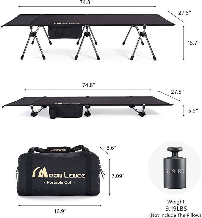 MOON LENCE Height Adjustable Camping Cot - Supports 330 lbs, Portable Folding Bed with Leg Extenders & Camping Pillow for Camping, Hiking, Sleeping, 1 Pack, Black