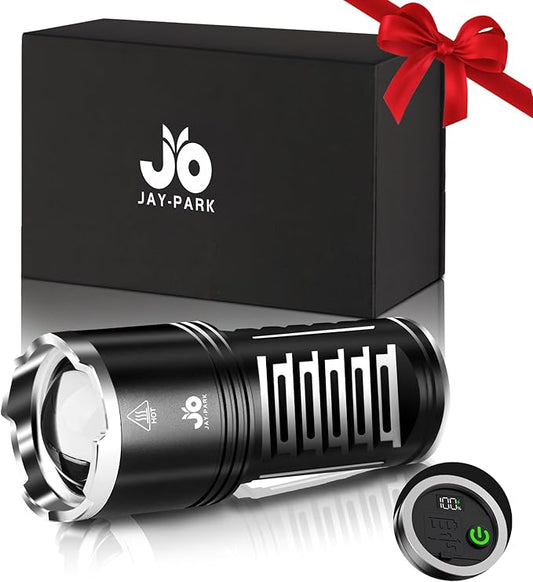 JAY-PARK LED Flashlights High Lumens Rechargeable - 10000 Lumen with 10800mAh Battery and LCD Power Display, 5 Lighting Modes, Zoomable, Long Beam(3000m) High Powered Flashlight for Camping, Emergency