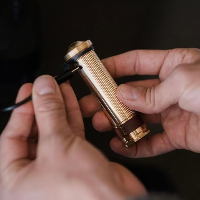 Barebones Mini Flashlight - Brass, Vintage-Style Rechargeable Flashlight with Adjustable Brightness, Magnetic Base, and Candle Flicker Mode – Compact Travel and Camping Light