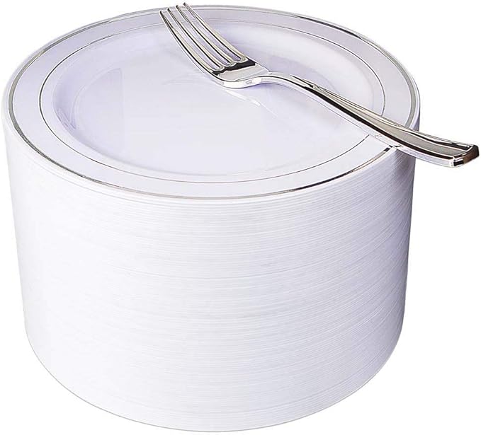 Nervure 204PCS Silver Plastic Plastes - 102PCS Disposable Silver Dessert Plates with 102PCS Plastic Forks Perfect for Salads, Desserts, Catering, Wedding & Parties