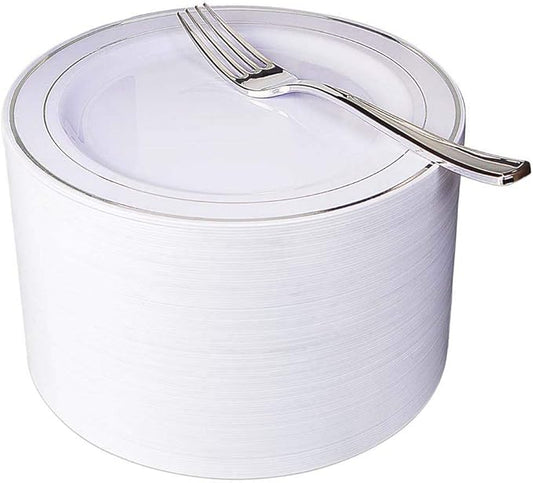 Nervure 204PCS Silver Plastic Plastes - 102PCS Disposable Silver Dessert Plates with 102PCS Plastic Forks Perfect for Salads, Desserts, Catering, Wedding & Parties