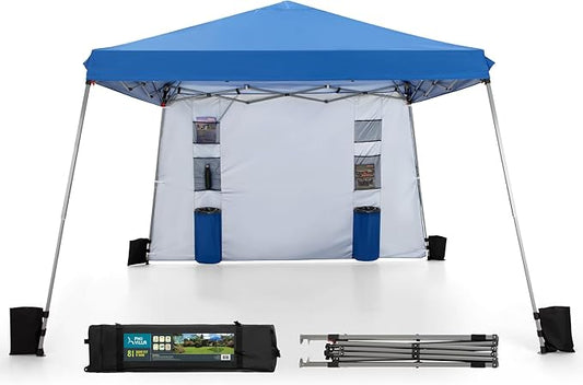 MFSTUDIO Pop Up Canopy Tent,12x12 ft Footprint and 9x9 ft at top Canopies with 1 Sidewall, Gazebo Shelter Sun Shade Waterproof Patio Popup Tents 4 Sandbag,Blue