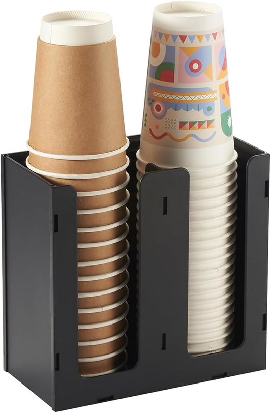 CURTA 2 Compartment Splicing Disposable Paper Cup Dispenser, Coffee and Lid Storage Organizer Holder for Countertop Bar,Restaurant,Breakroom,Party, Black