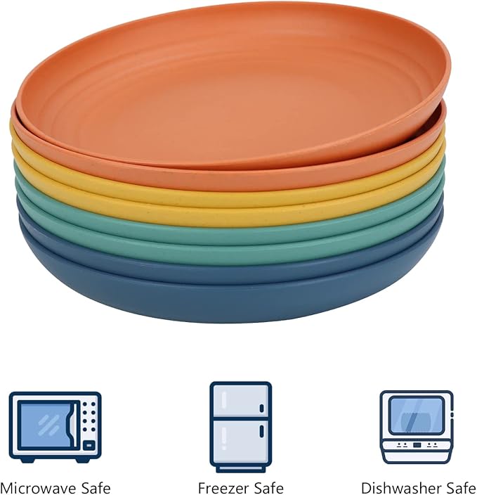 Homienly 10 inch Wheat Straw Dinner Plates Set of 8 - Alternative to Plastic, Microwave & Dishwasher Safe, Unbreakable Kids Plates with 4 Colors (Classic Bright)