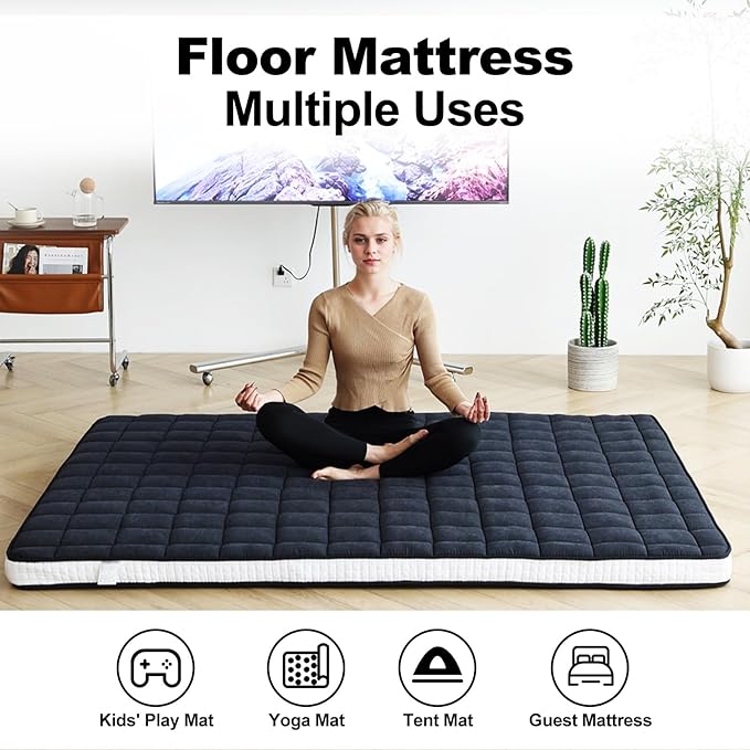 Tiita Japanese Floor Mattress, 4” Thicken Futon Mattress with Storage Bag and 2 Straps， Twin Size Sleeping Tatami Mat for Adults，Black