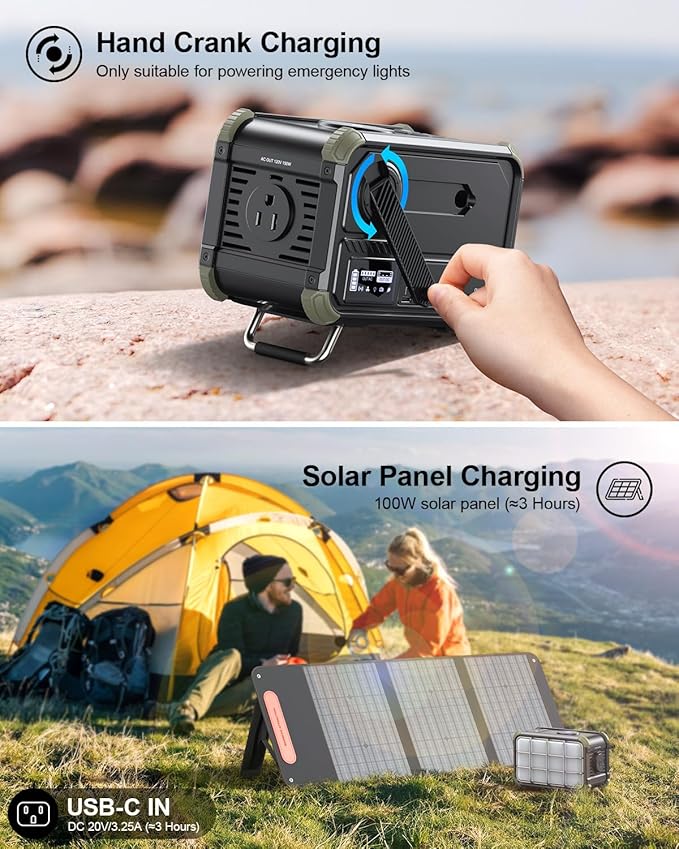 BROWEY Portable Power Station 153Wh Small Solar Generator with Hand Crank 120V 150W AC Outlet Lithium Battery Power Bank, Wireless Charging Emergency Charger for Outdoor Camping Travel Home Backup