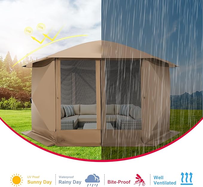 COBlZl 12x12 pop up Gazebo on Clearance Screen Canopy Tent for Camping,Outdoor Instant Stargazing Gazebo,Portable Hub Tent with Removable Sidewalls,Pavilion for Backyard,Khaki