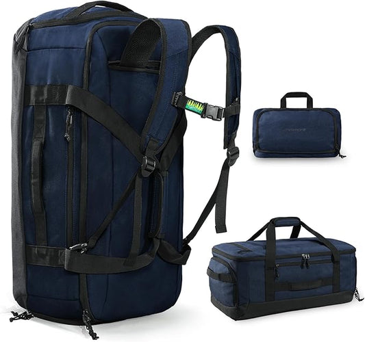 Haimont 60L Large Duffel Bag Backpack for Men Women, Travel Bag with Shoes Compartment, Convertible Duffel Backpack, Sports, Camping, Overnight, Water-Resistant, Navy Blue