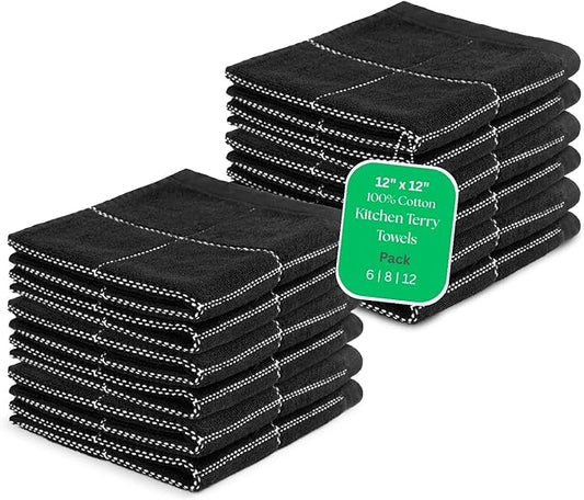 100% Cotton Terry Kitchen Towels Set of 12 (12"x12") with Hanging Loop, High GSM Super Absorbent, Quick-Drying, Black & White Stripes, Best for Dish Cloths and Wash Cloths