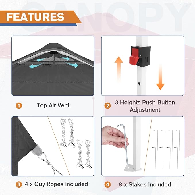 EAGLE PEAK Pop Up Canopy Tent with 1 Sidewall, Easy Setup Event Tent, Outdoor Sun Shade, Wheeled Carry Bag, Stakes and Guy Ropes, Instant Canopy 10x10, Gray
