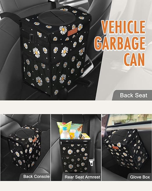 Car Trash Can with Lid, Cute Leakproof Car Trash Garbage Bag Hanging Vehicle Trash Bin Small Portable Automotive Garbage Cans Organizer for Back/Front Seat/Console(Trapezoid,Black Flower)
