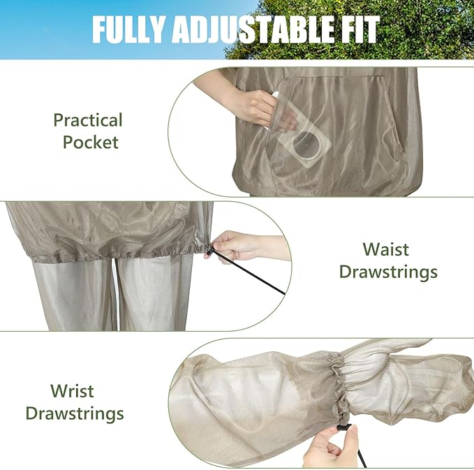 2-Piece Net Suit L/XL, Zippered Hood Jacket & Gloves Set, Thickened Breathable Mesh, Adjustable Fit for Upper Body Protection, Unisex Lightweight Outdoor Gear for Camping, Fishing, Hiking, Gardening