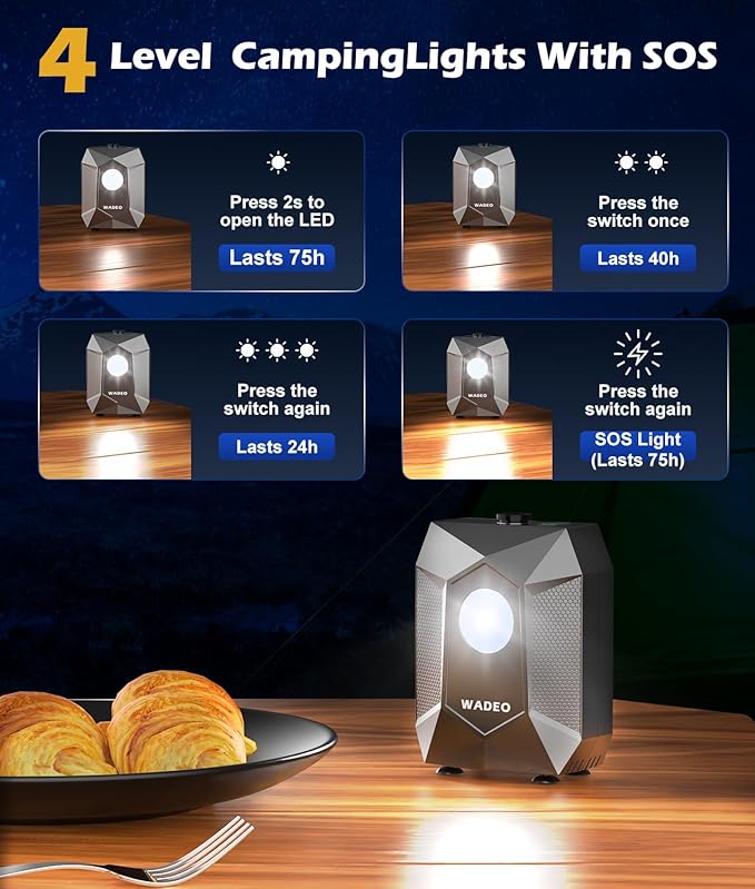 WADEO Portable Shower for Camping, 6000mAh Rechargeable Camping Shower Pump with Camping Light, 5 Pressure Levels, IPX8 Waterproof for Outdoor Camping, Travel, Car Washing, Pet Bathing