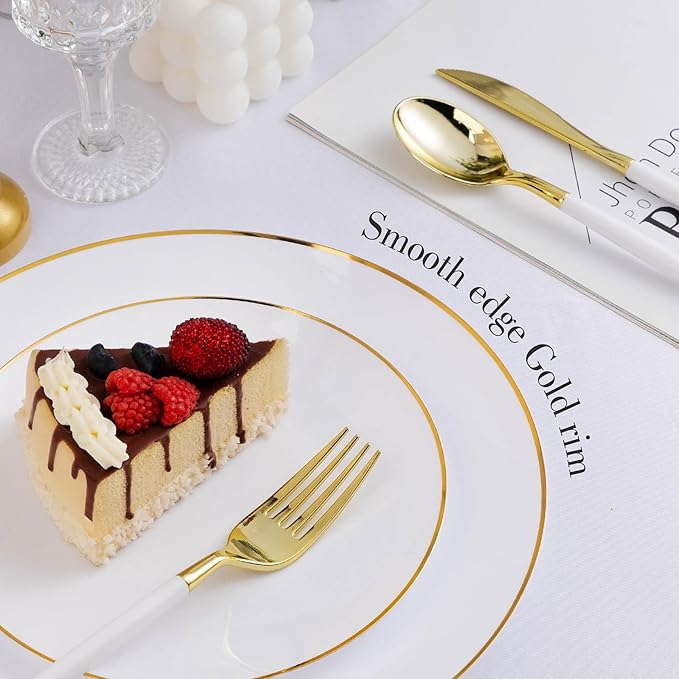 100PCS White Plastic Plates with Gold Rim, White Gold Disposable Plates for Party, Wedding, Include 50 Dinner Plates, 50 Dessert Plates for 50 Guests