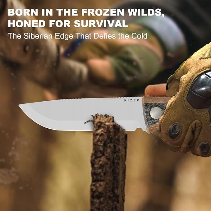 Kizer Polaris Fixed Blade Knife, 4.23" AEB-L Steel Camping Knife with Black Micarta & Brown G10 Handle, Outdoor Survival Hunting Bushcraft Knives with Adjustable Sheath & Sharpener, 1100A1