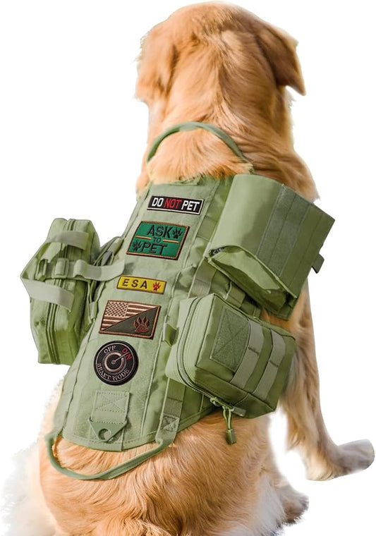 AIWAI Tactical Dog Harness with Pouches,Dog Vest Harness for Large Medium Dogs No-Pull Adjustable Military Dog Harness with Handle Walking Hiking Training (Army Green, M)