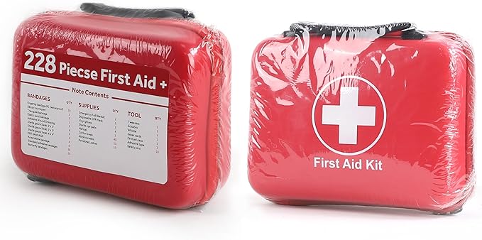 Compact First Aid Kit (228pcs) Designed for Family Emergency Care. Waterproof EVA Case and Bag is Ideal for The Car, Home, Boat, School, Camping, Hiking, Office, Sports. Protect Your Loved Ones. Red