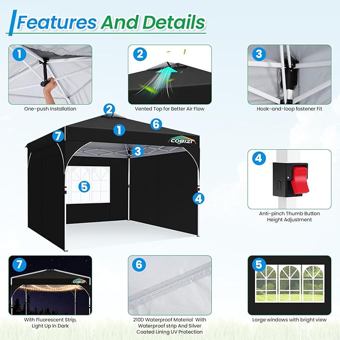 COBIZI 10x10 Pop Up Canopy Tent with 3 Removable Sidewalls & Air Vent | Waterproof Instant Setup 90s, Commercial-Grade Gazebo Tent for Camping/BBQ/Events | Includes Sandbags, Stakes & Ropes (Black)