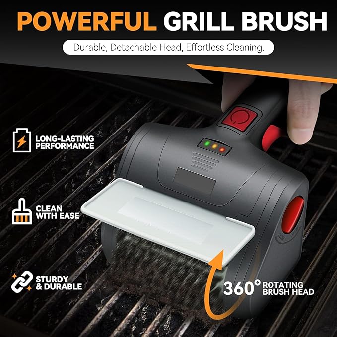 Auto Dynasty Cordless Electric Grill Brush, Rechargeable Grill Cleaning Scrub Brush with Rotating Cleaner Brush Head and Type-C Charging Cable for Outdoor Grill, Red/Black