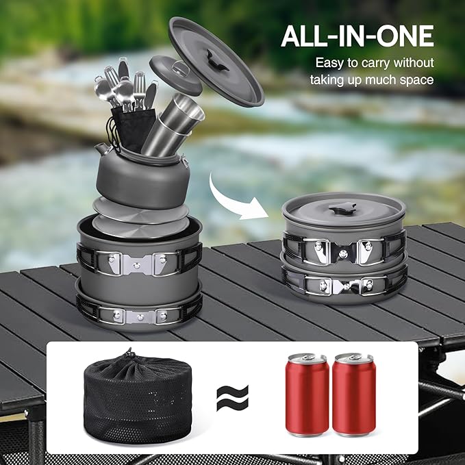 REDCAMP Stainless Steel Camping Mess Kit, Camping Dishes Set for 4, Camp Plate Set with Bowls Plates Cups Forks Spoons, for Backpacking, Outdoor Backpacking Hiking and Picnic