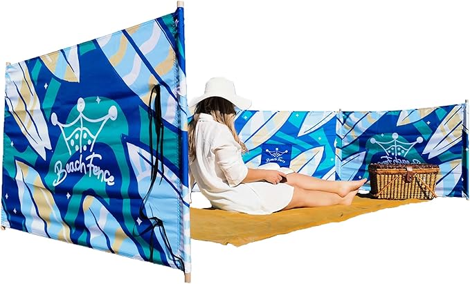 Premium 20 ft Beach Windscreen, Privacy Screen, Wind Blocker Free Rubber Mallet and Carry Bag Included (Surfs Up)
