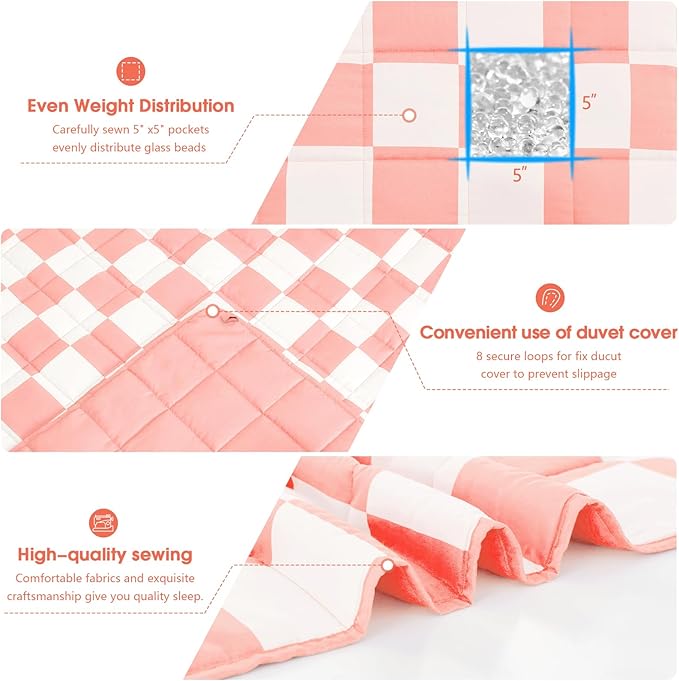 Pink Checkered Weighted Blanket for Adults 12lbs, 60"x80" Queen Size, Cooling Heavy Blanket for 110-130lbs with Premium Glass Beads, Soft Thick Big Blankets for All-Season Sleeping Comfort Breathable