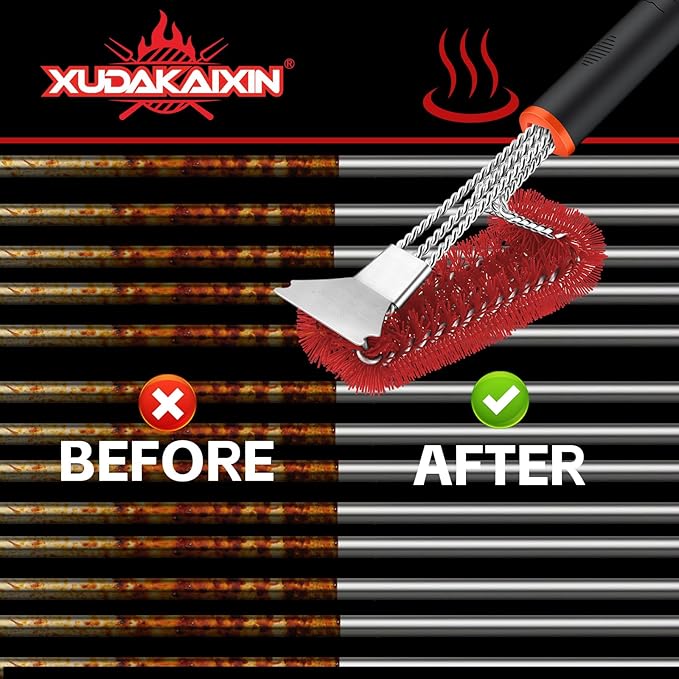 Grill Brush and Scraper, Safe Nylon Bristles Barbecue Triple Scrubbers Cleaning Brush for Cast Iron Grates/Porcelain/Weber Gas/Charcoal Grill，Extra Strong BBQ Cleaner Accessories (Red)