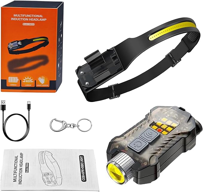 Head Lamp Led Rechargeable, 230° Wide Beam Sensing COB Headlamp Flashlight Detachable, 9 Light Modes, Hard Hat Lamp, IP65 Waterproof 400 Lumens for Camping, Hiking, Fishing, Working, Gift (Black)