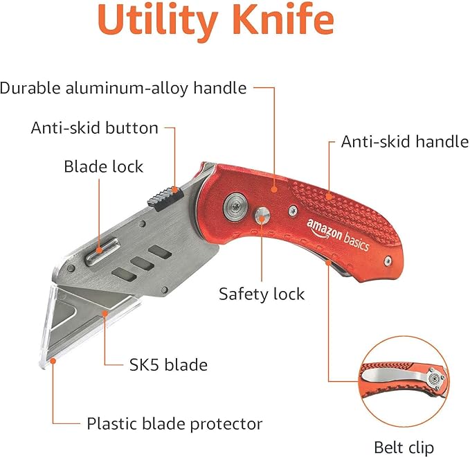 Amazon Basics Folding Utility Knife, Lightweight Aluminum Body, Red