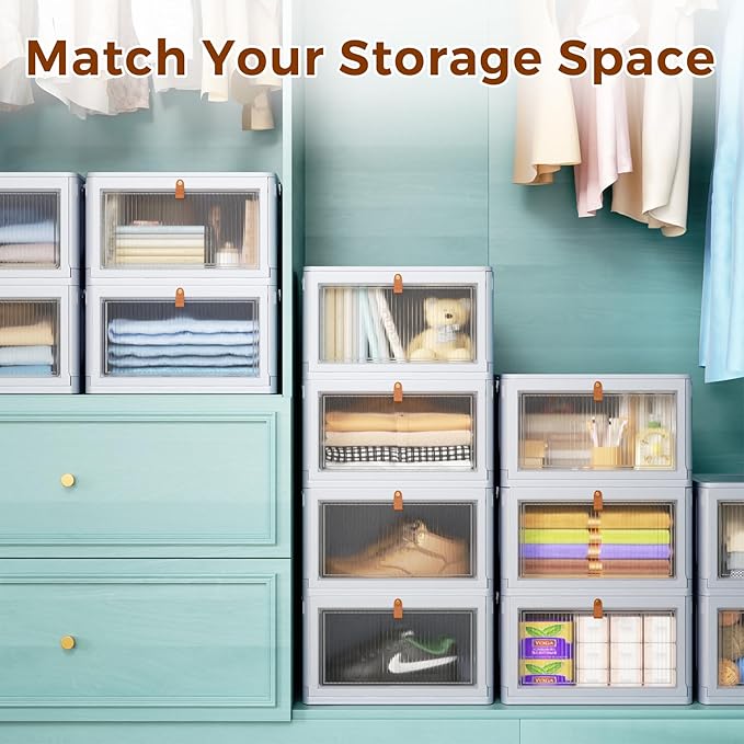 4 Tier Stackable Plastic Storage Bins with Lid and Wheels - 23 QT Closet Organizers and Storage, Foldable Storage Containers, Organization and Storage Boxes for Craft, Home, Pantry, Dorm,Grey