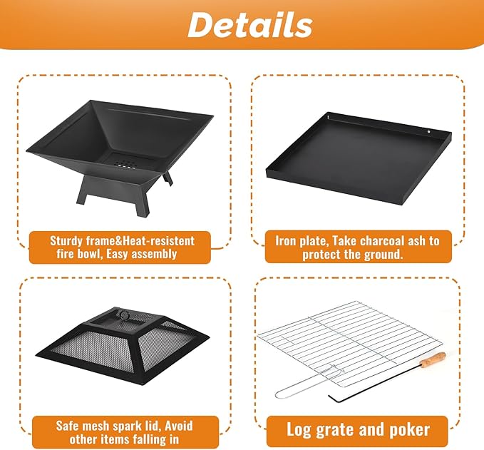 Small Fire Pit for Outside Wood Burning,Fire Bowls with Firproof Mat, Backyard Black Square Ourdoor Bonfire Pit with Waterproof Cover for Outside Patio Camping (Black, 22 INCH)