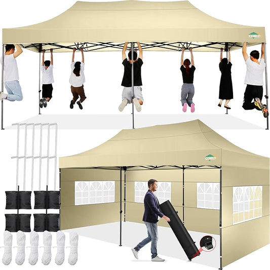 COBIZI 10x20 Pop up Canopy Tent 10x20 Canopy with 6 Sidewalls Waterproof Heavy Duty Gazebo Commercial Canopy Tent for Parties Outdoor Tent Gazebo Tent, Carry Bag with Wheel(10x20ft, Khaki)