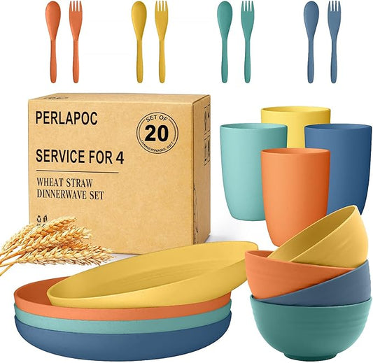 Wheat Straw Dinnerware Sets, 20 PCS Service for 4, Dishwasher & Microwave Safe Plates and Bowls Sets, Unbreakable Lightweight Outdoor Camping Dishes - Multicolor